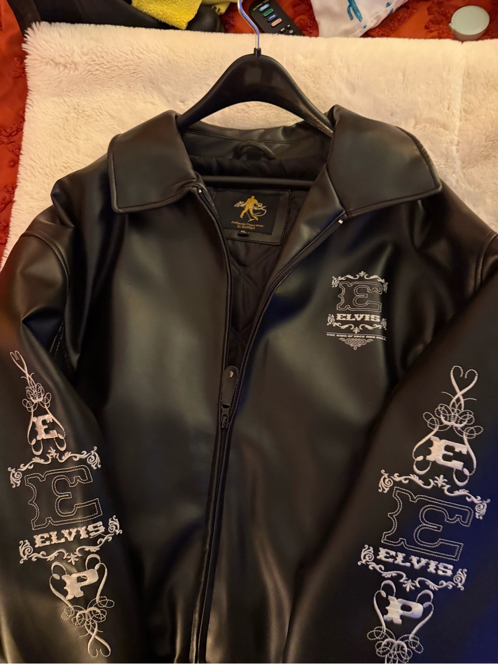 Elvis Black Faux Leather Bomber Jacket with White Logo Embroidery